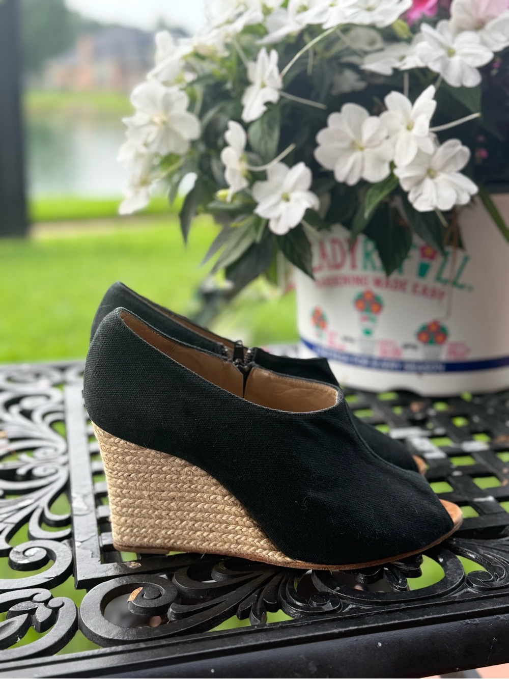 Christian Louboutin Black Canvas Espadrille Wedge Peep Toe Booties 39